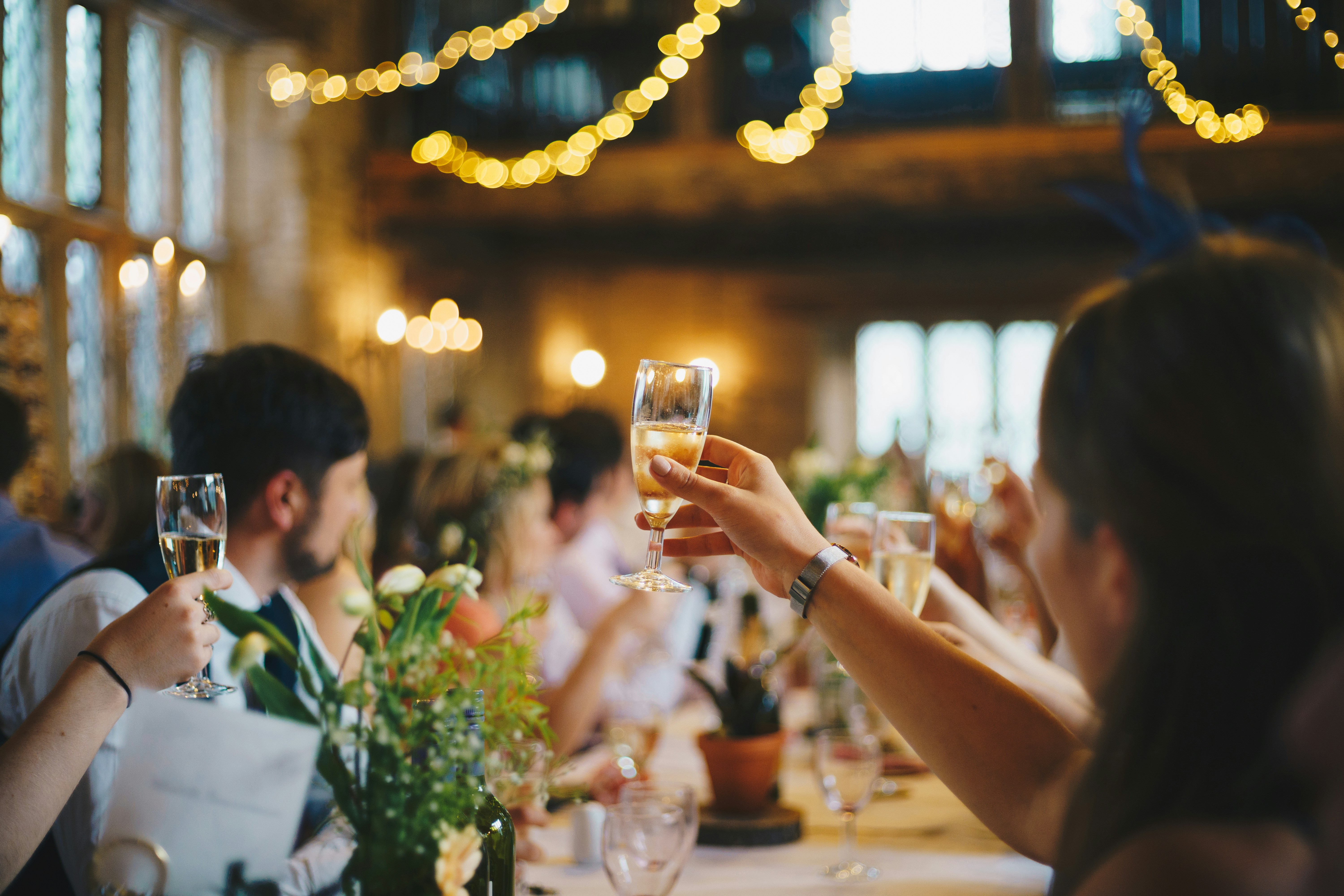Wedding reception toast under string lights